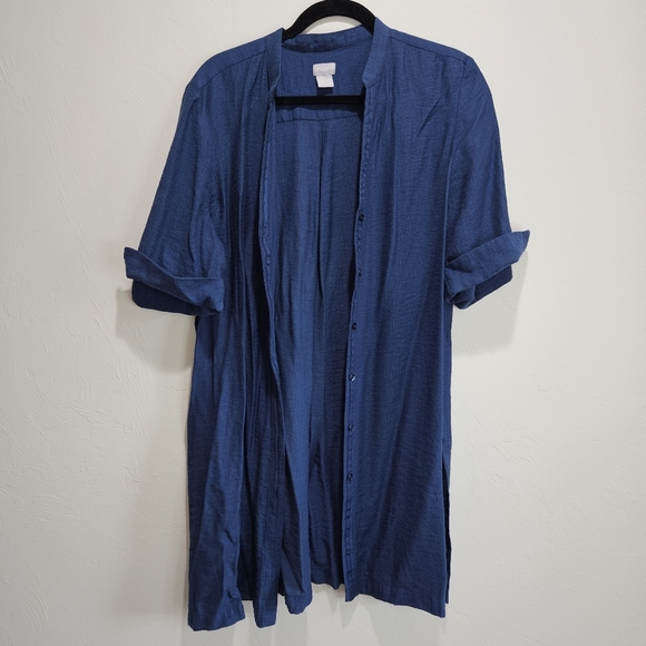 Chico's Size 2 | Large Button Front Shirt Dress Blue Rayon Linen Blend - Picture 2 of 13
